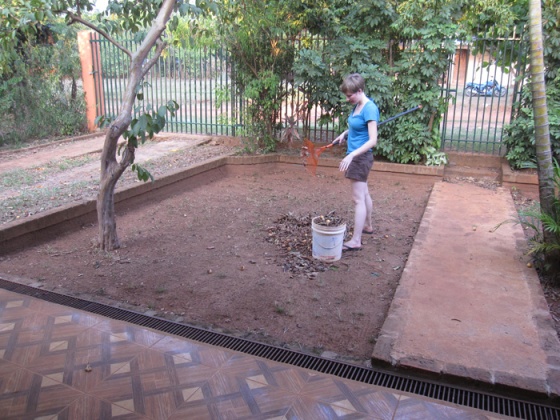 Allison raking the yard